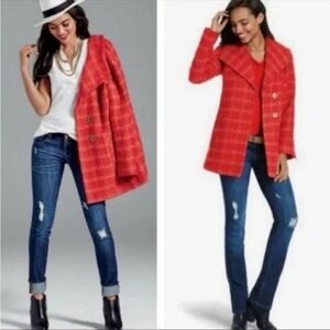 CABI Red Pink Tweed Sloan Snap Button Collared Coat Jacket Size XS